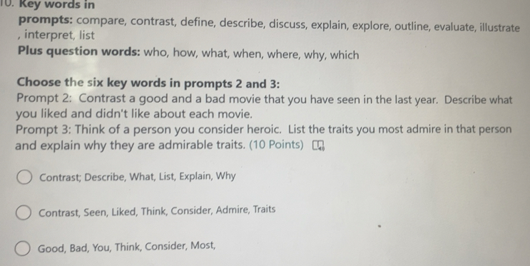 Solved: Key words in prompts: compare, contrast, define, describe ...