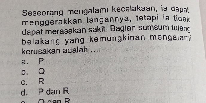 Seseorang mengalami kecelakaan, ia dapat
menggerakkan tangannya, tetapi ia tidak
dapat merasakan sakit. Bagian sumsum tulang
belakang yang kemungkinan mengalami
kerusakan adalah ....
a. P
b. Q
c. R
d. P dan R
O dan R