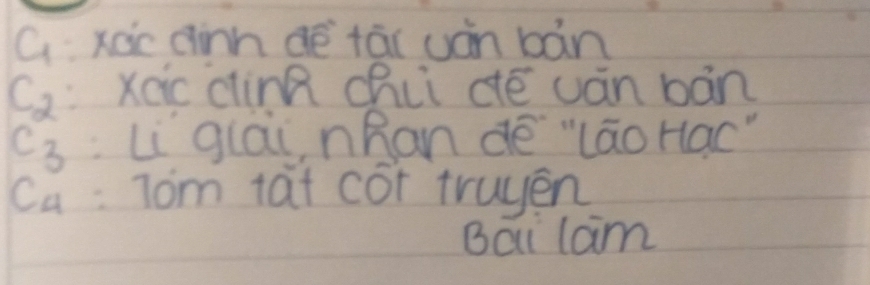 xac ainn dē tāi uàn bàn
C_2 xeic cin chii cé uán bān
c_3 :Li glai, nhan dē `lāoHac"
C_4 :Tom tat cor truyen 
Bai lam