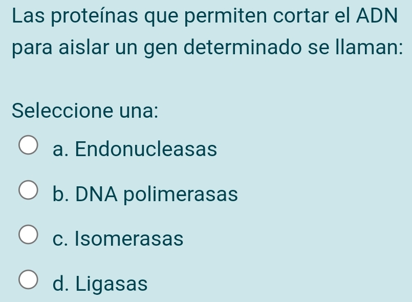 Las proteínas que permiten cortar el ADN
para aislar un gen determinado se llaman:
Seleccione una:
a. Endonucleasas
b. DNA polimerasas
c. Isomerasas
d. Ligasas