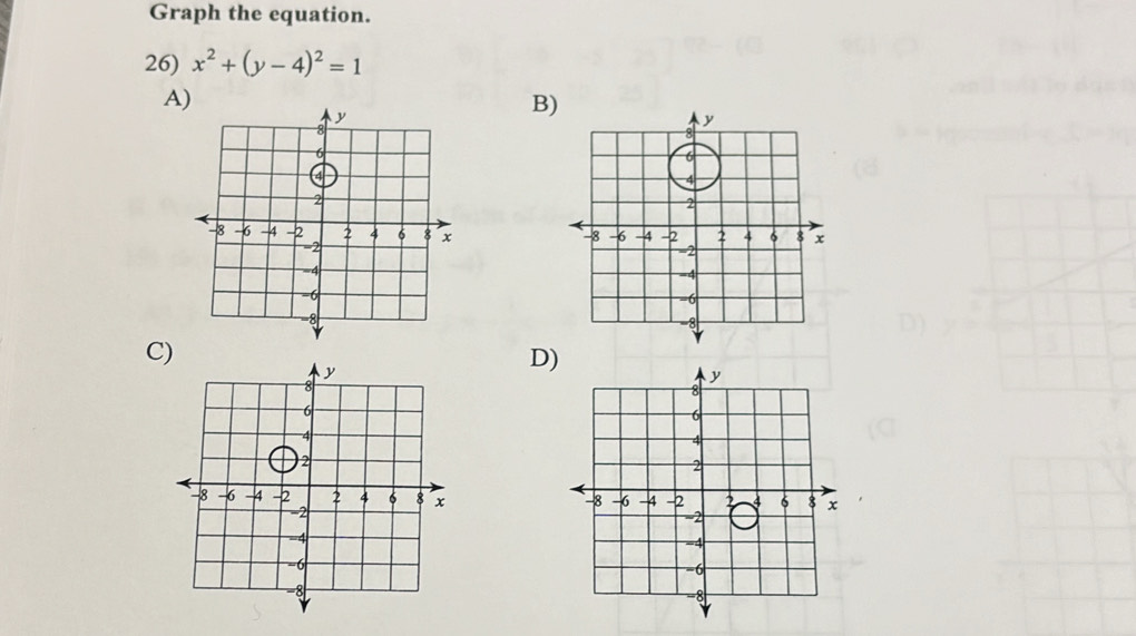 Graph the equation. 
26) x^2+(y-4)^2=1
A) 
B 

C) 
D)