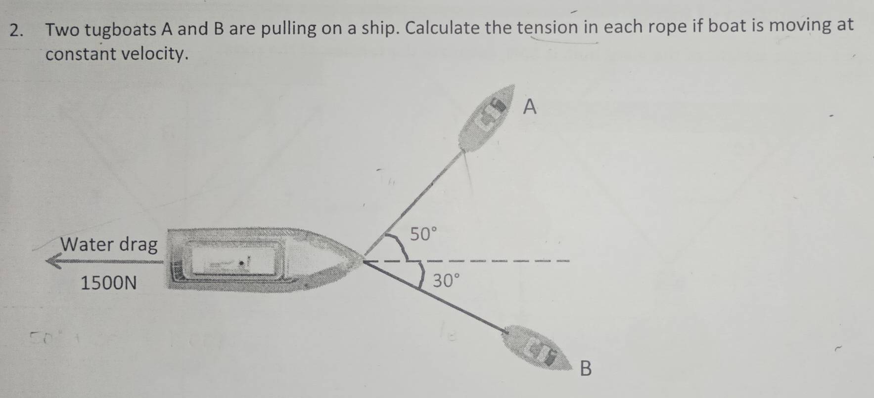 Two tugboats A and B are pulling on a ship. Calculate the tension in each rope if boat is moving at
constant velocity.