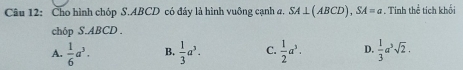 Cho hình chóp S. ABCD có đáy là hình vuông cạnh a. SA⊥ (ABCD), SA=a. Tinh thể tích khối
ch6p S. ABCD.
A.  1/6 a^3. B.  1/3 a^3. C.  1/2 a^3. D.  1/3 a^3sqrt(2).