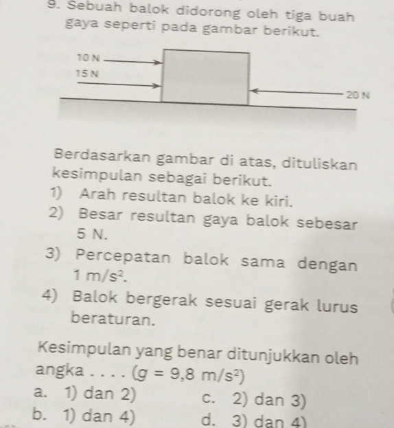 Sebuah balok didorong oleh tiga buah
gaya seperti pada gambar berikut.
Berdasarkan gambar di atas, dituliskan
kesimpulan sebagai berikut.
1) Arah resultan balok ke kiri.
2) Besar resultan gaya balok sebesar
5 N.
3) Percepatan balok sama dengan
1m/s^2. 
4) Balok bergerak sesuai gerak lurus
beraturan.
Kesimpulan yang benar ditunjukkan oleh
angka _. . . (g=9,8m/s^2)
a. 1) dan 2) c. 2) dan 3)
b. 1) dan 4) d. 3) dan 4)