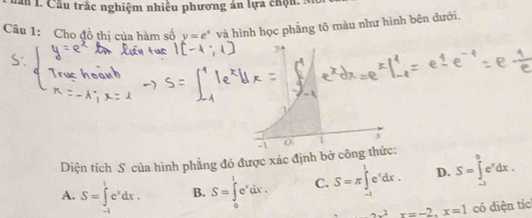 ăn I. Cầu trắc nghiệm nhiều phương án lựa chộn. M
Câu 1: Cho đồ thị của hàm số y=e^x và hình học phẳng tô màu như hình bên dưới.
Diện tích S của hình phẳng đó được xác định bở công th
A. S=∈tlimits _(-1)^1e^xdx. B. S=∈tlimits _0^(le^x)dx. C. S=π ∈tlimits _(-1)^1e^xdx. D. S=∈tlimits _(-1)^0e^xdx. 
□  2x^2x=-2, x=1 có diện tíc