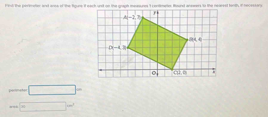 Find the perimeter and area of the figure if each unit on the graph measures t centimeter. Round answers to the nearest tenth, if necessary.
perimeter. □ cm
area: 30cm^2