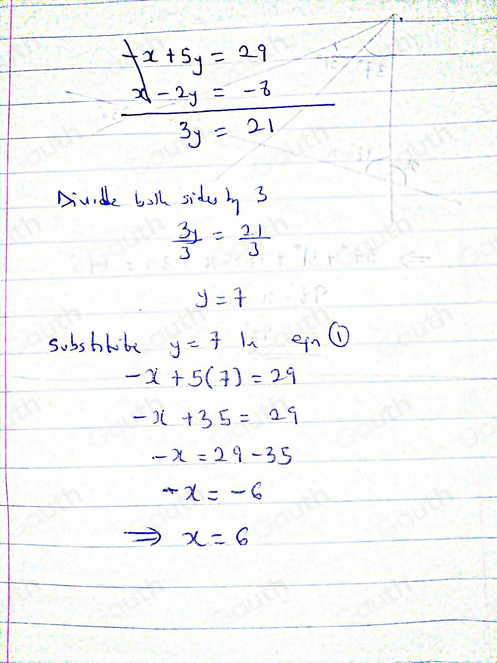 beginarrayr fx+5y=29 x-2y=-8 hline 3y=21endarray
Aivide boll sideh 3
 3y/3 = 21/3 
y=7
sobshhite y=71n en ①
-x+5(7)=29
-x+35=29
-x=29-35
-x=-6
x=6