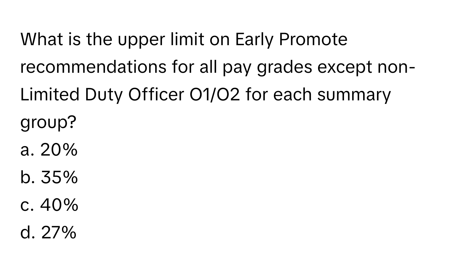 What is the upper limit on Early Promote recommendations for all pay grades except non-Limited Duty Officer O1/O2 for each summary group?

a. 20%
b. 35%
c. 40%
d. 27%