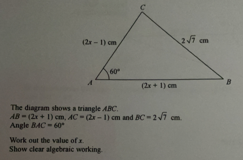 Solved: The diagram shows a triangle ABC. AB=(2x+1)cm, AC=(2x-1)cm and ...