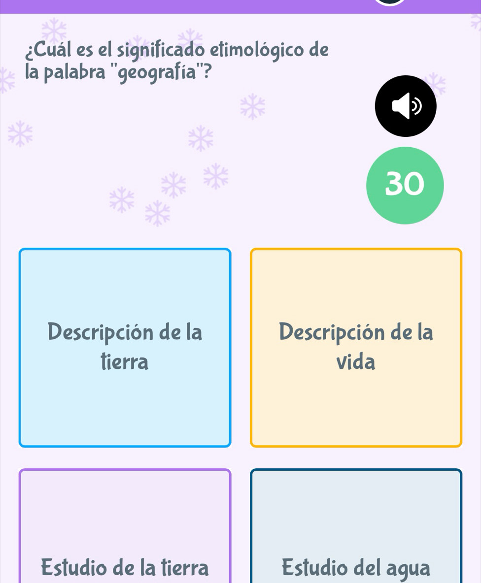 ¿Cuál es el significado etimológico de
la palabra ''geografía''?
30
Descripción de la Descripción de la
tierra vida
Estudio de la tierra Estudio del agua