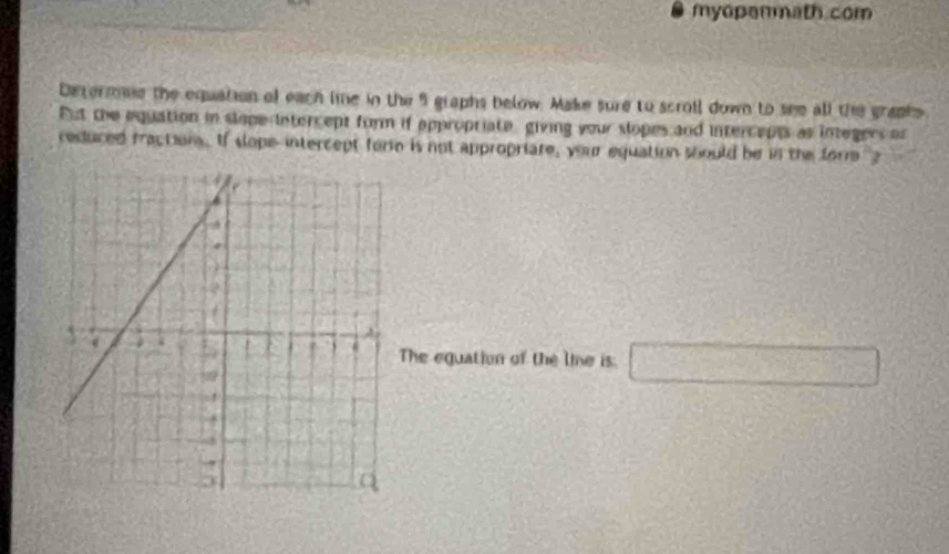 myopermath com
Determie the equation of each lime in the 9 graphs below. Make sure to scroll down to see all the grapks
Fut the equation in slope-intercept form if appropriate, giving your slopes and intercepts as integers or
reduced fraction. If slope-intercept fore is not appropriare, your equation should be in the forrm ?
The equation of the line is. □