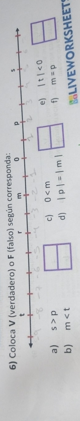 Coloca V (verdadero) o F (falso) según corresponda:
s
 □ /□   c) 0
a) s>p f) m=p
b) m
d) |p|=|m|  □ /□   e)
 □ /□  
BLIVEWORKSHEETS