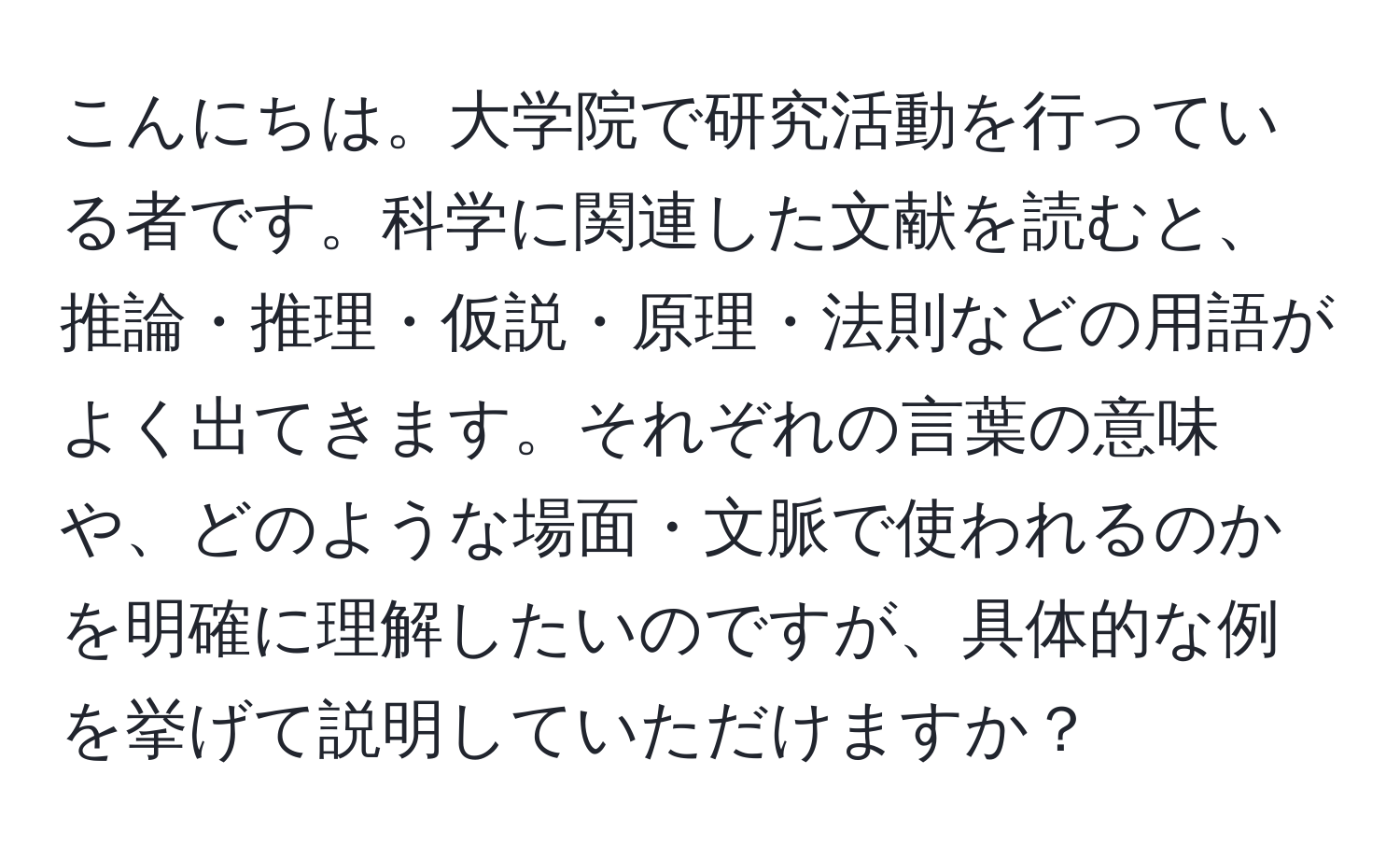 こんにちは。大学院で研究活動を行っている者です。科学に関連した文献を読むと、推論・推理・仮説・原理・法則などの用語がよく出てきます。それぞれの言葉の意味や、どのような場面・文脈で使われるのかを明確に理解したいのですが、具体的な例を挙げて説明していただけますか？