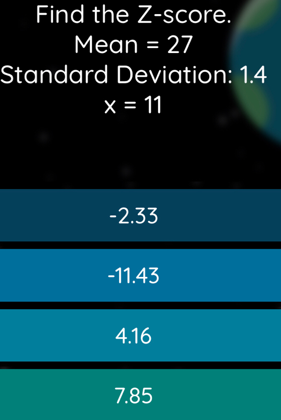 Find the Z-score.
Mean =27
Standard Deviation: 1.4
x=11
-2.33
-11.43
4.16
7.85