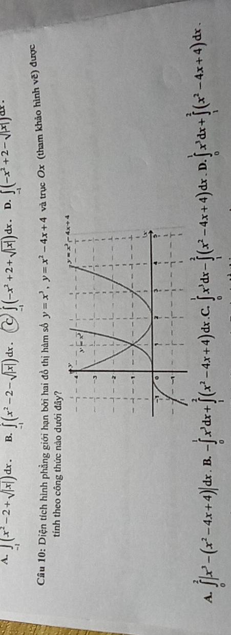 A. ∈tlimits _-1(x^2-2+sqrt(|x|))dx. B. ∈t (x^2-2-sqrt(|x|)) dx c ∈tlimits (-x^2+2+sqrt(|x|))dx. D. ∈t (-x^2+2-sqrt(|x|)) dx .
Câu 10: Diện tích hình phẳng giới hạn bởi hai đồ thị hàm số y=x^3,y=x^2-4x+4 và trục Ox (tham khảo hình vẽ) được
tính theo công thức nào dưới đây?
A. ∈tlimits _0^(2|x^3)-(x^2-4x+4)|dx. B. -∈tlimits _0^(1x^3)dx+∈tlimits _1^(2(x^2)-4x+4)dx .C. ∈tlimits _0^(1x^3)dx-∈tlimits _1^(2(x^2)-4x+4)dx D. ∈tlimits _0^(1x^3)dx+∈tlimits _1^(2(x^2)-4x+4)dx.