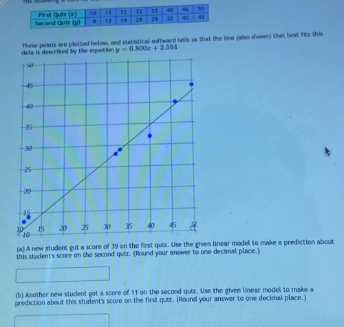 These points are plotted below, and statistical softward tells us that the line (also shown) that best fits this 
data is described by the equation y=0.800x+2.594
50
45
40
35
30
25
20
15
15 20 25 30 35 40 45
191º
(a) A new student got a score of 39 on the first quiz. Use the given linear model to make a prediction about 
this student's score on the second quiz. (Round your answer to one decimal place.) 
(b) Another new student got a score of 11 on the second quiz. Use the given linear model to make a 
prediction about this student's score on the first quiz. (Round your answer to one decimal place.)