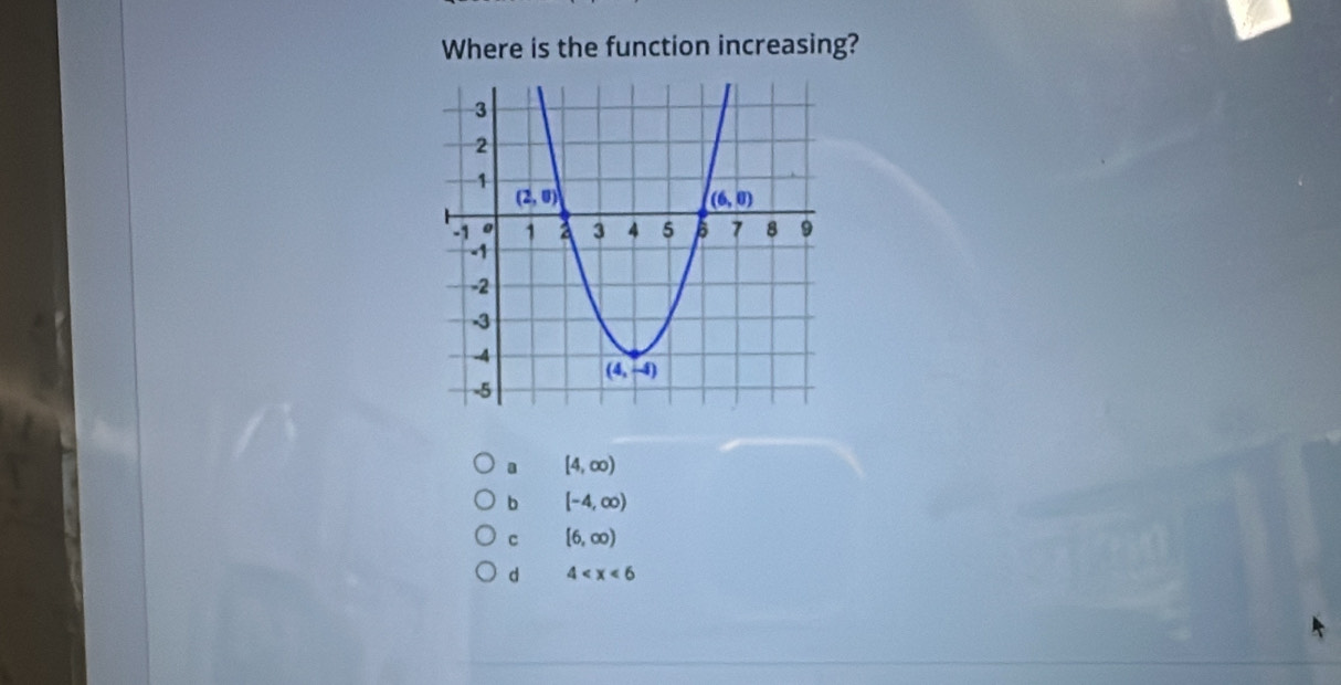 Where is the function increasing?
a [4,∈fty )
b [-4,∈fty )
c [6,∈fty )
d 4