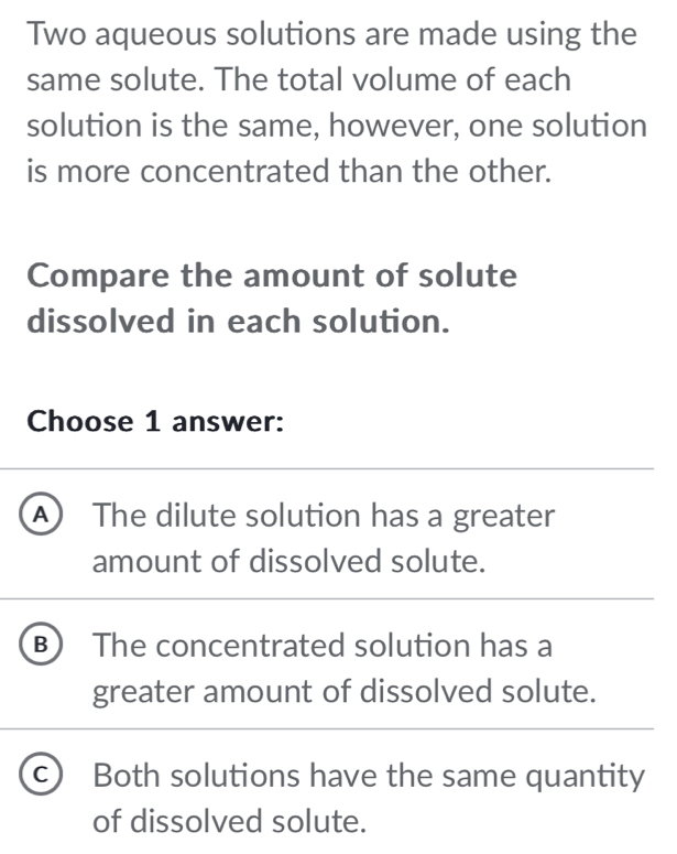 Two aqueous solutions are made using the
same solute. The total volume of each
solution is the same, however, one solution
is more concentrated than the other.
Compare the amount of solute
dissolved in each solution.
Choose 1 answer:
A The dilute solution has a greater
amount of dissolved solute.
B The concentrated solution has a
greater amount of dissolved solute.
C ) Both solutions have the same quantity
of dissolved solute.