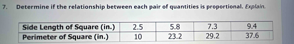 Determine if the relationship between each pair of quantities is proportional. Explain.