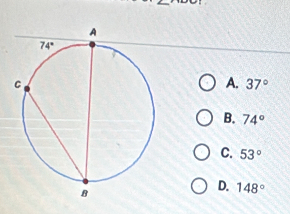 A. 37°
B. 74°
C. 53°
D. 148°