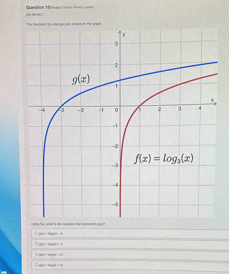 Question 10(Multiple Choice Worth 5 paints)
(05 06 MC)
g(x)=log _3(x)-4
g(x)=log _3(x)+4
g(x)=log _3(x-4)
g(x)=log _2(x+4)