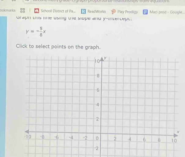 graph-proportional-reiatonships-from-equations 
ookmarks School Distrct of Pa... R ReadWorks Play Prodigy Maci prod - Google... 
Graph this line using the slope and y-intercept.
y=- 5/8 x
Click to select points on the graph.