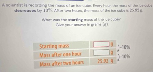 A scientist is recording the mass of an ice cube. Every hour, the mass of the ice cube
decreases by 10%. After two hours, the mass of the ice cube is 25.92 g.
What was the starting mass of the ice cube?
Give your answer in grams (g).