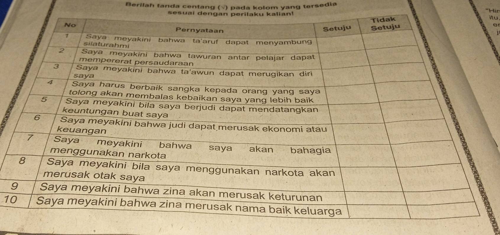 Berilah tanda centang (√) pada kolom yang tersedia 
''Hir 
itu 
ar 
1 
1