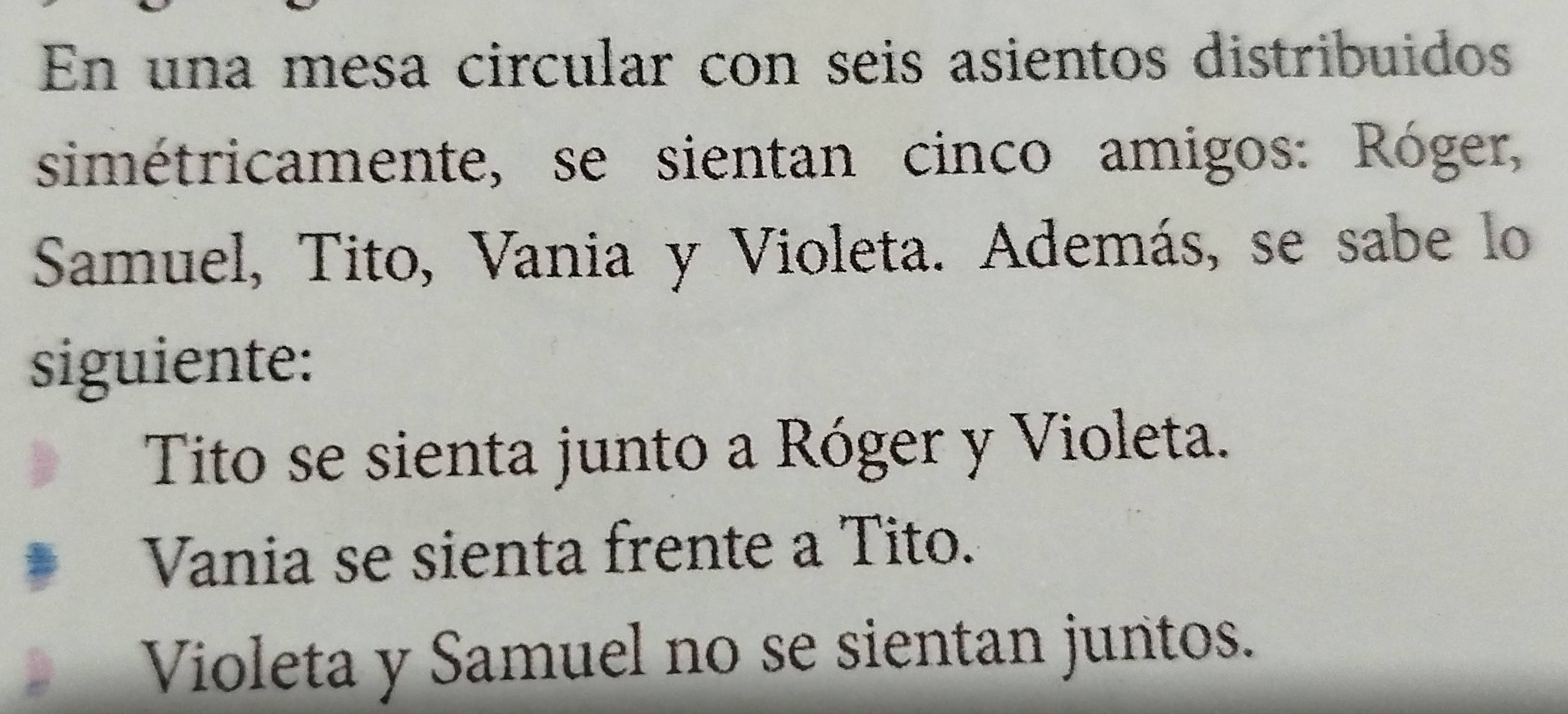 En una mesa circular con seis asientos distribuidos
simétricamente, se sientan cinco amigos: Róger,
Samuel, Tito, Vania y Violeta. Además, se sabe lo
siguiente:
Tito se sienta junto a Róger y Violeta.
Vania se sienta frente a Tito.
Violeta y Samuel no se sientan juntos.