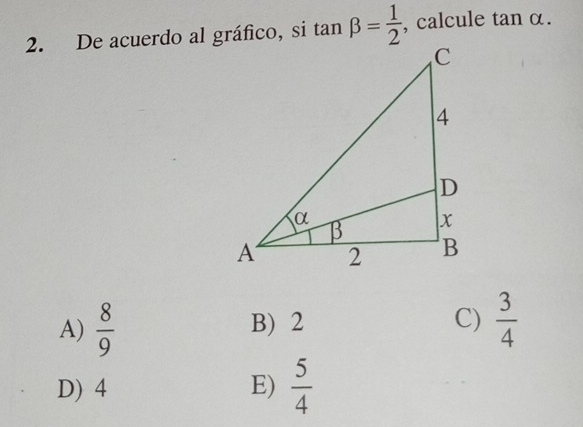 De acuerdo al gráfico, si tan beta = 1/2  , calcule tan alpha.
A)  8/9  B) 2
C)  3/4 
D) 4 E)  5/4 