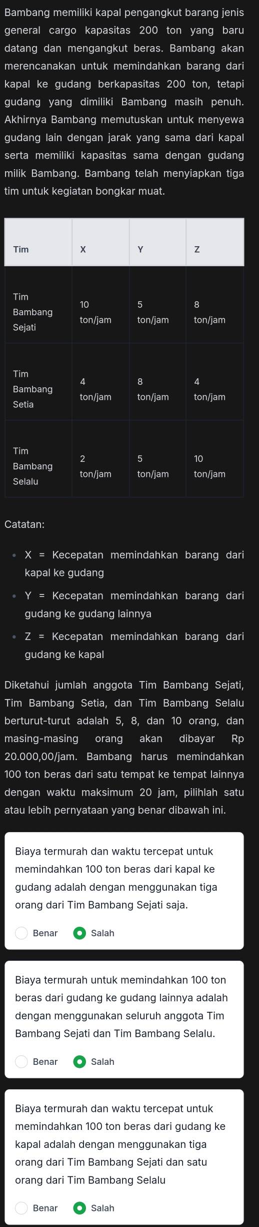 Bambang memiliki kapal pengangkut barang jenis
general cargo kapasitas 200 ton yang baru
datang dan mengangkut beras. Bambang akan
merencanakan untuk memindahkan barang dari
kapal ke gudang berkapasitas 200 ton, tetapi
gudang yang dimiliki Bambang masih penuh.
Akhirnya Bambang memutuskan untuk menyewa
gudang lain dengan jarak yang sama dari kapal
serta memiliki kapasitas sama dengan gudang
milik Bambang. Bambang telah menyiapkan tiga
tim untuk kegiatan bongkar muat.
Tim X Y z
Tim
10 5 8
Bambang
ton/jam ton/jam ton/jam
Sejati
Tim
4 8
Bambang ton/jam ton/jam ton/jam
Setia
Tim
2 5 10
Bambang ton/jam ton/jam
Selalu ton/jam
Catatan:
X = Kecepatan memindahkan barang dari
kapal ke gudang
Y = Kecepatan memindahkan barang dari
gudang ke gudang lainnya
Z = Kecepatan memindahkan barang dari
gudang ke kapal
Diketahui jumlah anggota Tim Bambang Sejati,
Tim Bambang Setia, dan Tim Bambang Selalu
berturut-turut adalah 5, 8, dan 10 orang, dan
masing-masing orang akan dibayar Rp
20.000,00/jam. Bambang harus memindahkan
100 ton beras dari satu tempat ke tempat lainnya
dengan waktu maksimum 20 jam, pilihlah satu
atau lebih pernyataan yang benar dibawah ini.
Biaya termurah dan waktu tercepat untuk
memindahkan 100 ton beras dari kapal ke
gudang adalah dengan menggunakan tiga
orang dari Tim Bambang Sejati saja.
Benar Salah
beras dari gudang ke gudang lainnya adalah
dengan menggunakan seluruh anggota Tim
Bambang Sejati dan Tim Bambang Selalu.
Benar Salah
Biaya termurah dan waktu tercepat untuk
memindahkan 100 ton beras dari gudang ke
kapal adalah dengan menggunakan tiga
orang dari Tim Bambang Sejati dan satu
orang dari Tim Bambang Selalu
Benar Salah