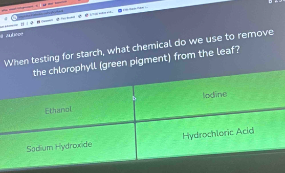 2/7 00 Notice and. ... 11th Drade Vidon L...
ungshout heutcon/glay/be
Ca
Sont éclmation Pat thooket
# aubree
When testing for starch, what chemical do we use to remove
the chlorophyll (green pigment) from the leaf?
Ethanol lodine
Sodium Hydroxide Hydrochloric Acid