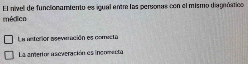 El nivel de funcionamiento es igual entre las personas con el mismo diagnóstico
médico
La anterior aseveración es correcta
La anterior aseveración es incorrecta