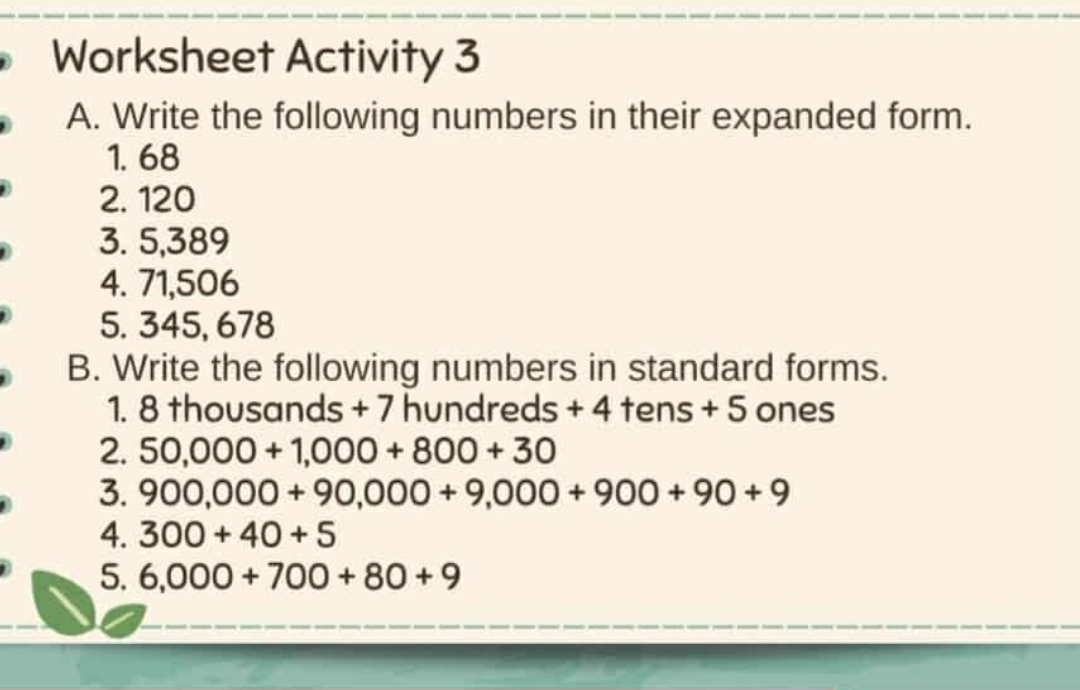 Solved: Worksheet Activity 3 A. Write the following numbers in their ...