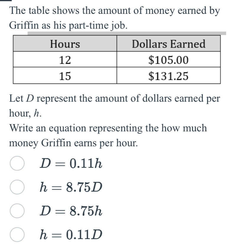 The table shows the amount of money earned by
Griffin as his part-time job.
Let D represent the amount of dollars earned per
hour, h.
Write an equation representing the how much
money Griffin earns per hour.
D=0.11h
h=8.75D
D=8.75h
h=0.11D