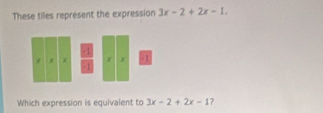 These tiles represent the expression 3x-2+2x-1, 
Which expression is equivalent to 3x-2+2x-1 ?