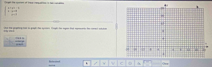 Graph the system of linear inequalities in two variables
beginarrayl x+y>-5 x-y<8 y<3endarray.
Use the graphing fool to graph the system. Graph the region that represents the correct solution 
only once 
Click to 
eniarge 
graph 
Selected 
none ν U C a Clear