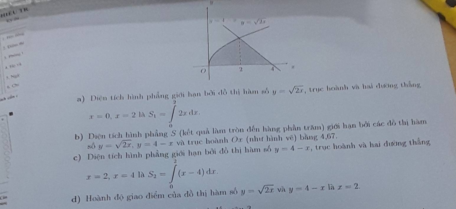 " 
hiểu tr 
Ky mé
y=4-x y=sqrt(2x)
7 Hệt tồng 
2. Điệm thị 
1 Phòng 1
a bio rà 
O
2 4
5. Ng 
6 Chi 
sch cần 1 
a) Diện tích hình phẳng giới hạn bởi đồ thị hàm số y=sqrt(2x) , trục hoành và hai đưỡng thắng
x=0, x=2ln S_1=∈tlimits _0^(22xdx. 
b) Diện tích hình phẳng S (kết quả làm tròn đến hàng phần trăm) giới hạn bởi các đồ thị hàm 
số y=sqrt 2x), y=4-x và trục hoành Ox (như hình vẽ) bằng 4,67. 
c) Diện tích hình phẳng giới hạn bởi đồ thị hàm số y=4-x , trục hoành và hai dường thắng
x=2, x=4ln S_2=∈tlimits _0^(2(x-4)dx. 
d) Hoành độ giao điểm của đồ thị hàm số y=sqrt 2x) và y=4-x là x=2.