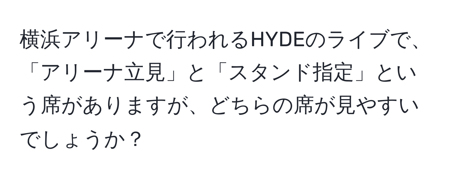 横浜アリーナで行われるHYDEのライブで、「アリーナ立見」と「スタンド指定」という席がありますが、どちらの席が見やすいでしょうか？