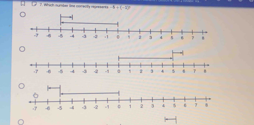 Which number line correctly represents -5+(-1) 7