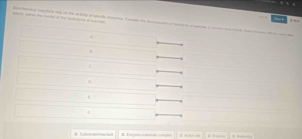 labels within the model of the hydrolysis of sucrose.
4 of 10 Neut * 
Biochemical reactions rely on the activity of specific enzymes. Consider the decompostion or hydrolysis of sucrose, a common disacchaide. Maich the terma, with the comen wie 
A. 
B. 
C. 
D. 
E. 
E 
# Substrate/reactant #: Enzyme-substrate complex # Ac tiv # Enzyme # Product(s)