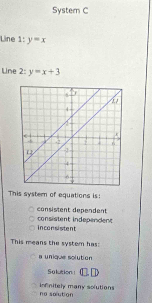 System C
Line 1:y=x
Line 2: y=x+3
This system of equations is:
consistent dependent
consistent independent
inconsistent
This means the system has:
a unique solution
Solution:
infinitely many solutions
no solution