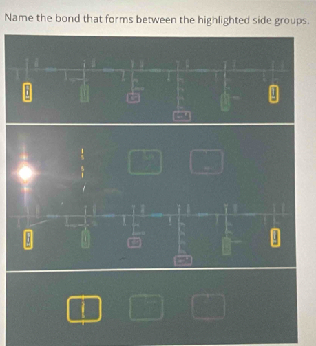 Name the bond that forms between the highlighted side groups. 
1