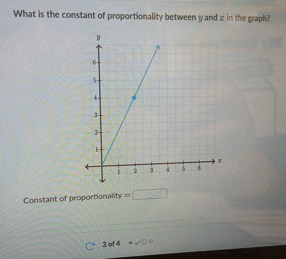 What is the constant of proportionality between y and x in the graph? 
Constant of proportionality = frac 
3 of 4