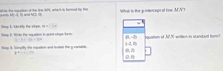 Write the equation of the line MN, which is formed by the
pointi M(-3,5) and N(2,0). What is the y-intercept of line MN?
Step 1: Identify the slope. m=-1
Step 2: Write the equation in point-slope form:
(0,-2)
y-5x+2(x+3)v quation of MN written in standard form?
(-2,0)
Step 3: Simplily the equation and isolate the y variable.
y=-x+2v
(0,2)
(2,0)