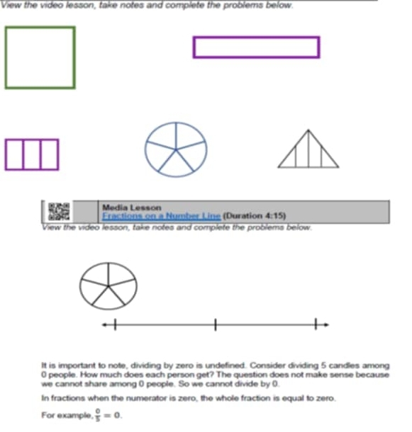 View the video lesson, take notes and complete the problems below. 
Medía Lessón 
Fractions on a Number Line (Duration 4:15) 
View the video lesson, take notes and complete the problems below. 
It is important to note, dividing by zero is undefined. Consider dividing 5 candles among
0 people. How much does each person get? The question does not make sense because 
we cannot share among 0 people. So we cannot divide by 0. 
In fractions when the numerator is zero, the whole fraction is equal to zero. 
For example,  0/5 =0.