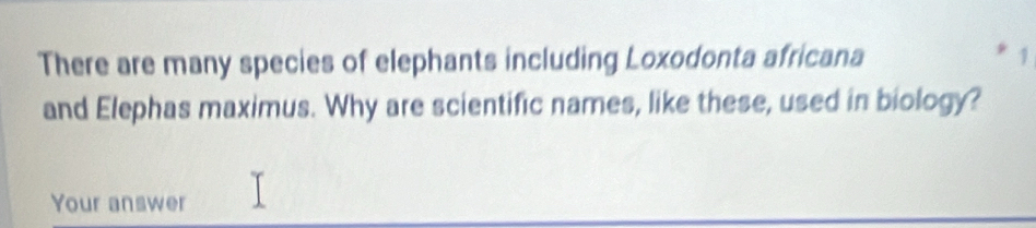 There are many species of elephants including Loxodonta africana 1 
and Elephas maximus. Why are scientific names, like these, used in biology? 
Your answer