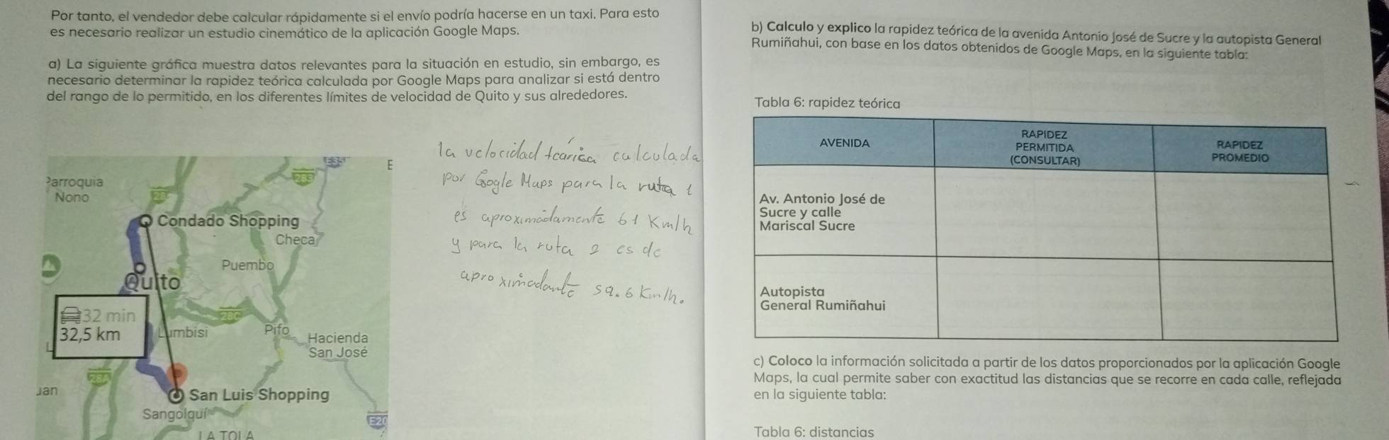 Por tanto, el vendedor debe calcular rápidamente si el envío podría hacerse en un taxi. Para esto b) Calculo y explico la rapidez teórica de la avenida Antonio José de Sucre y la autopista General
es necesario realizar un estudio cinemático de la aplicación Google Maps. Rumiñahui, con base en los datos obtenidos de Google Maps, en la siguiente tabla:
a) La siguiente gráfica muestra datos relevantes para la situación en estudio, sin embargo, es
necesario determinar la rapidez teórica calculada por Google Maps para analizar si está dentro
del rango de lo permitido, en los diferentes límites de velocidad de Quito y sus alrededores.  Tabla 6: rapidez teórica
 
 
 
c) Coloco la información solicitada a partir de los datos proporcionados por la aplicación Google
Maps, la cual permite saber con exactitud las distancias que se recorre en cada calle, reflejada
en la siguiente tabla:
Tabla 6: distancias