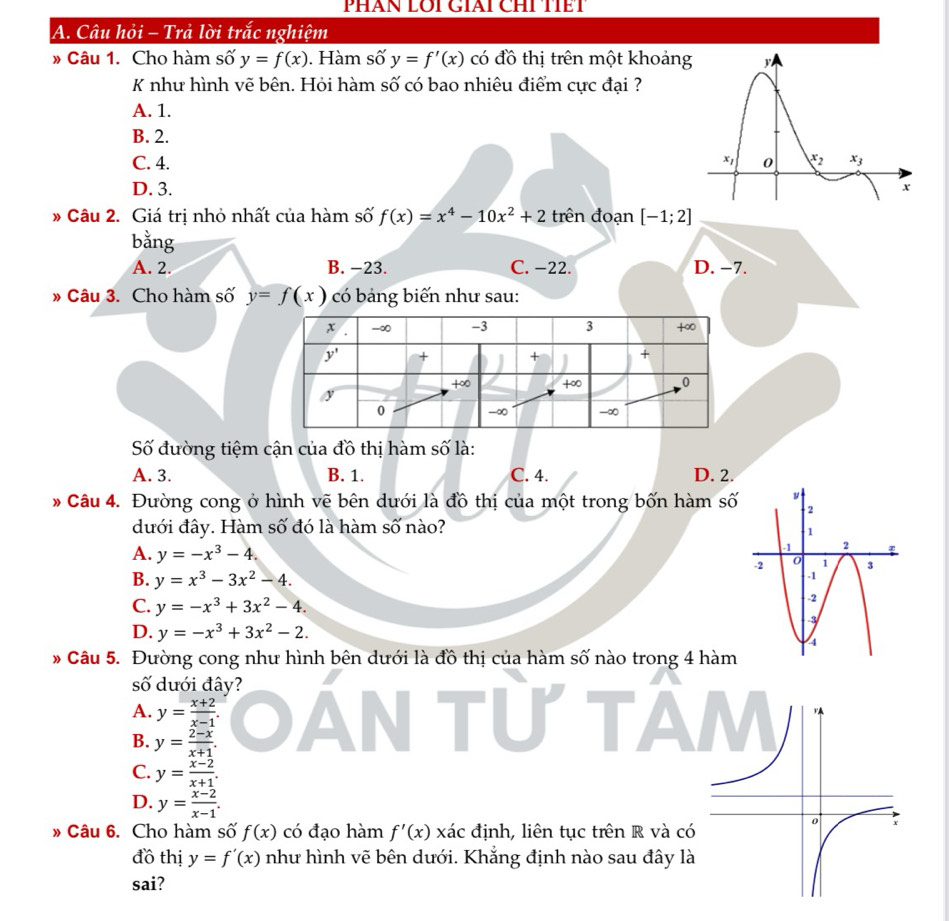 PHÃN LÔI GIAI CHI TIÊT
A. Câu hỏi - Trả lời trắc nghiệm
» Câu 1. Cho hàm số y=f(x). Hàm số y=f'(x) có đồ thị trên một khoảng
K như hình vẽ bên. Hỏi hàm số có bao nhiêu điểm cực đại ?
A. 1.
B. 2.
C. 4.
D. 3. 
* Câu 2. Giá trị nhỏ nhất của hàm số f(x)=x^4-10x^2+2 trên đoạn [-1;2]
bằng
A. 2. B. −23. C. −22. D. −7.
» Câu 3. Cho hàm số y=f(x) có bảng biến như sau:
Số đường tiệm cận của đồ thị hàm số là:
A. 3. B. 1. C. 4. D. 2.
* Câu 4. Đường cong ở hình vẽ bên dưới là đồ thị của một trong bốn hàm số
đưới đây. Hàm số đó là hàm số nào?
A. y=-x^3-4.
B. y=x^3-3x^2-4.
C. y=-x^3+3x^2-4.
D. y=-x^3+3x^2-2.
Câu 5. Đường cong như hình bên dưới là đồ thị của hàm số nào trong 4 hàm
số dưới đây?
A. y= (x+2)/x-1 .
B. y= (2-x)/x+1 .
C. y= (x-2)/x+1 .
D. y= (x-2)/x-1 .
» Câu 6. Cho hàm số f(x) có đạo hàm f'(x) xác định, liên tục trên R và có
đồ thị y=f'(x) như hình vẽ bên dưới. Khẳng định nào sau đây là
sai?