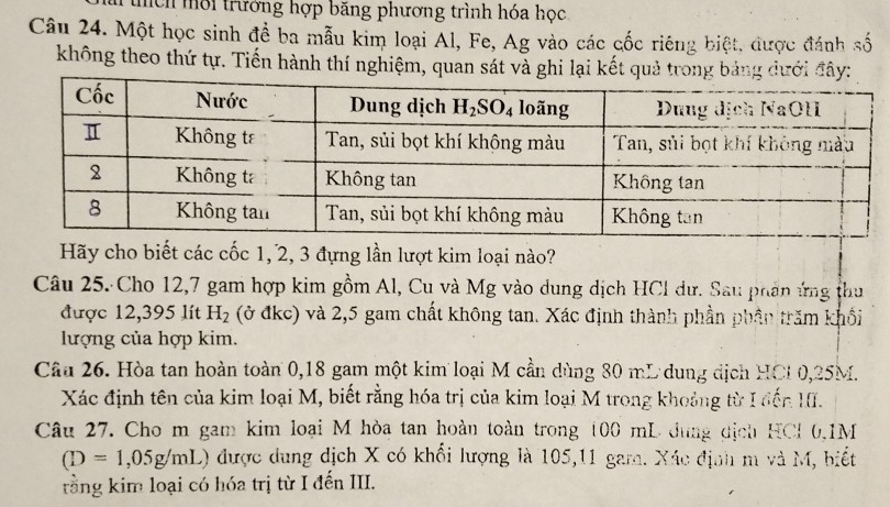 mch mời trưởng hợp băng phương trình hóa học
Câu 24. Một học sinh để ba mẫu kim loại Al, Fe, Ag vào các cốc riêng biệt, được đánh số
không theo thứ tự. Tiến hành thí nghiệm, quan sát và ghi lại kết quả trong bảng dưới đây:
Hãy cho biết các cốc 1, 2, 3 đựng lần lượt kim loại nào?
Câu 25. Cho 12,7 gam hợp kim gồm Al, Cu và Mg vào dung dịch HCl dư. Sau phần ứng thu
được 12,395 lít H_2 (ở đkc) và 2,5 gam chất không tan. Xác định thành phần phần trăm khối
lượng của hợp kim.
Câu 26. Hòa tan hoàn toàn 0,18 gam một kim loại M cần dùng 80 mL dung dịch HCI 0,25M.
Xác định tên của kim loại M, biết rằng hóa trị của kim loại M trong khoảng từ I đến HI.
Câu 27. Cho m gam kim loại M hòa tan hoàn toàn trong 100 mL dung dịch HCl 0,1M
(D=1,05g/mL) được dung dịch X có khổi lượng là 105,11 gam. Xác định m và M, biết
trằng kim loại có hóa trị từ I đến III.